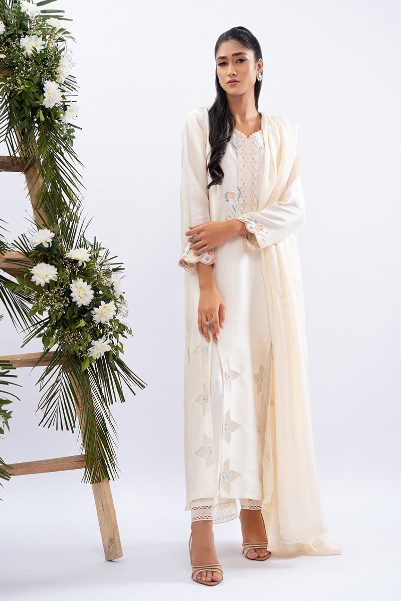 Pakistani Ivory Embroidered Pure Raw Silk Salwar Kameez (3-Piece) - Image 1
