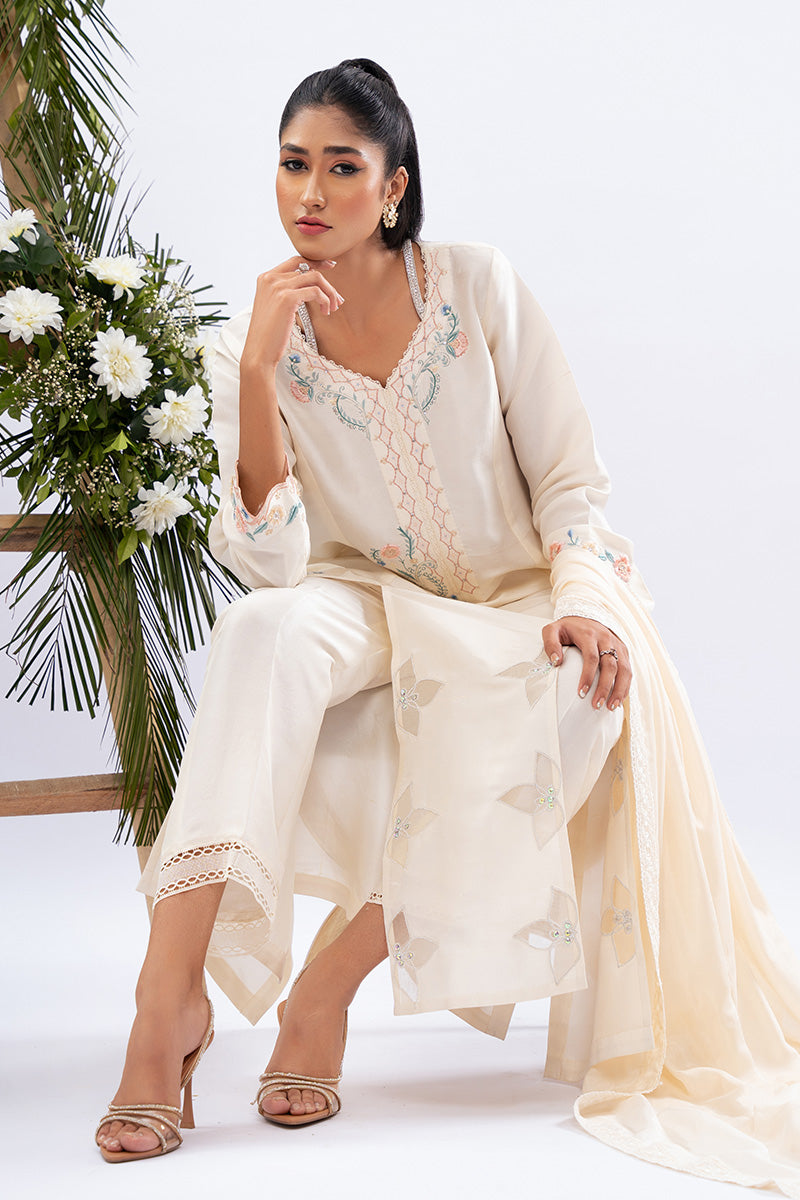 Pakistani Ivory Embroidered Pure Raw Silk Salwar Kameez (3-Piece) - Image 8