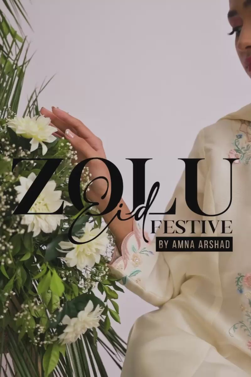 Pakistani Ivory Floral Appliqué Raw Silk Salwar Kameez (3-Piece) - Image 12