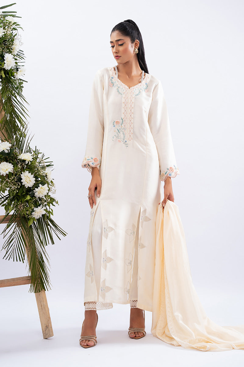 Pakistani Ivory Floral Appliqué Raw Silk Salwar Kameez (3-Piece) - Image 3