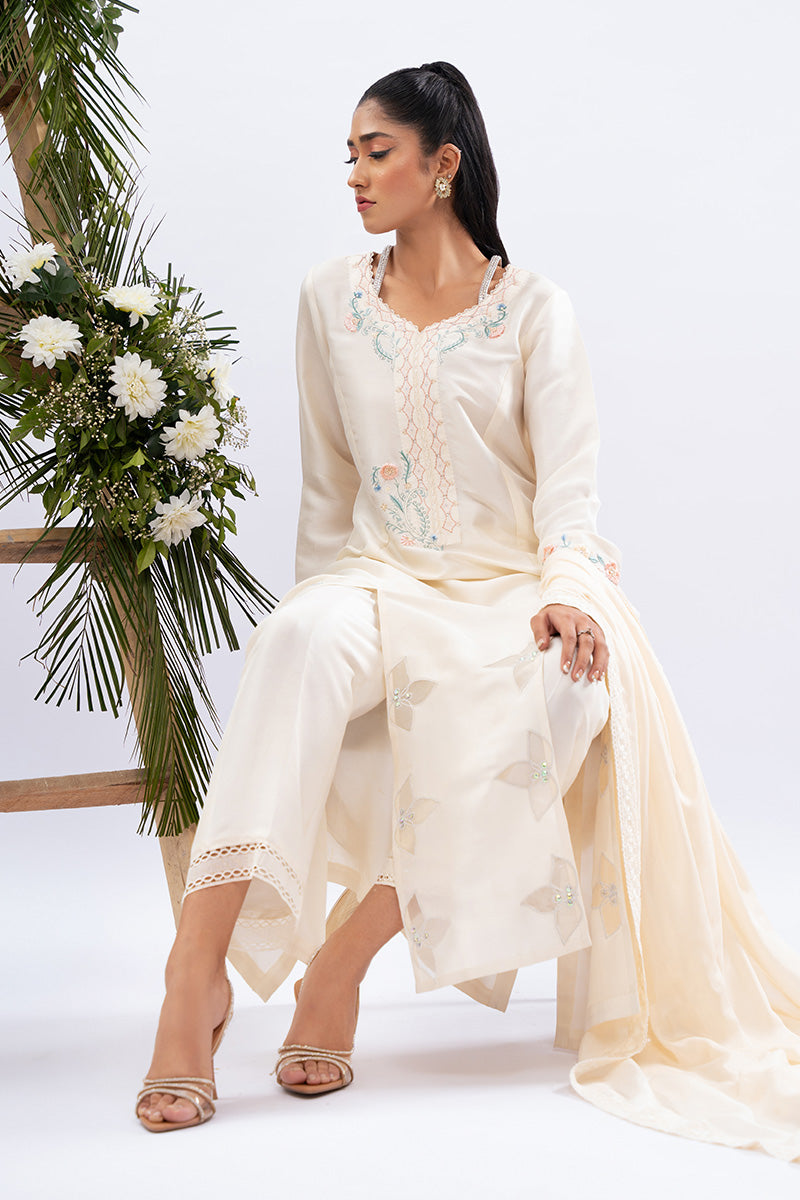 Pakistani Ivory Floral Appliqué Raw Silk Salwar Kameez (3-Piece) - Image 7