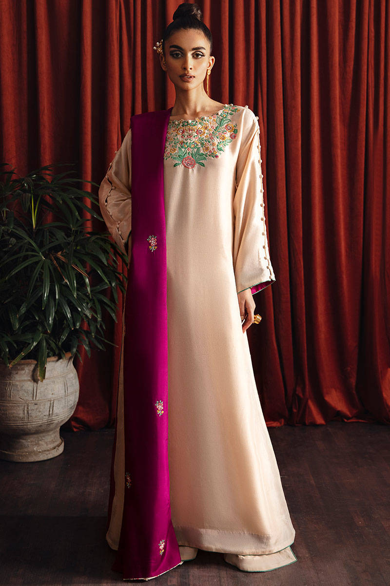 Ivory Floral Embroidered Raw Silk Salwar Kameez (3-Piece) - Image 1