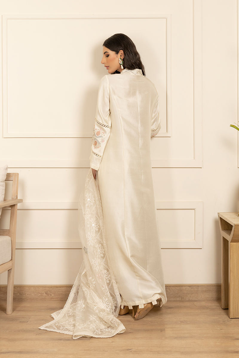 Dusky Ivory Embroidered Silk Salwar Kameez (3-Piece) - Image 3
