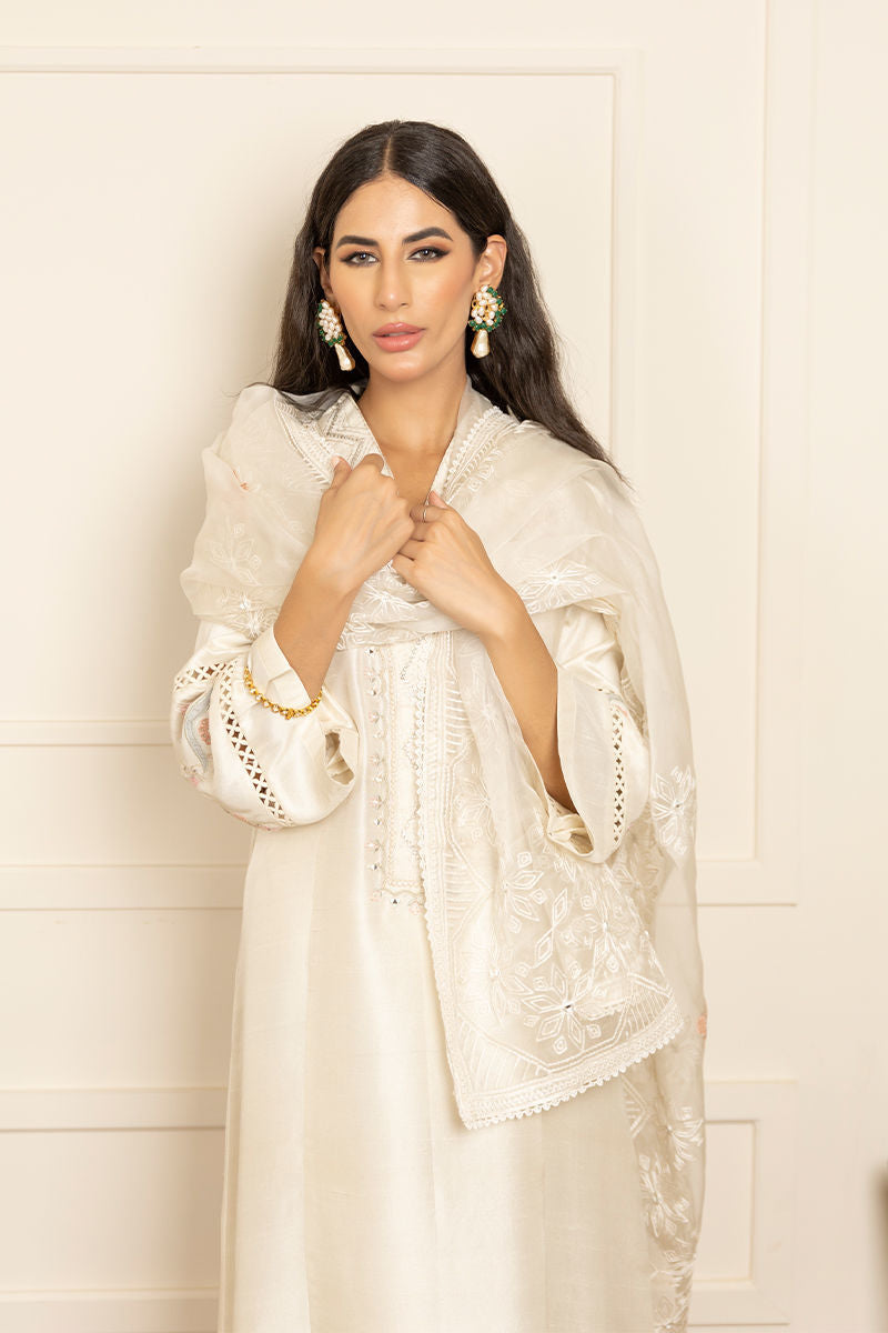 Dusky Ivory Embroidered Silk Salwar Kameez (3-Piece) - Image 4