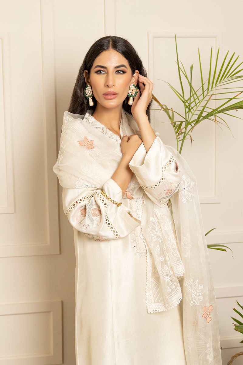 Dusky Ivory Embroidered Silk Salwar Kameez (3-Piece) - Image 5