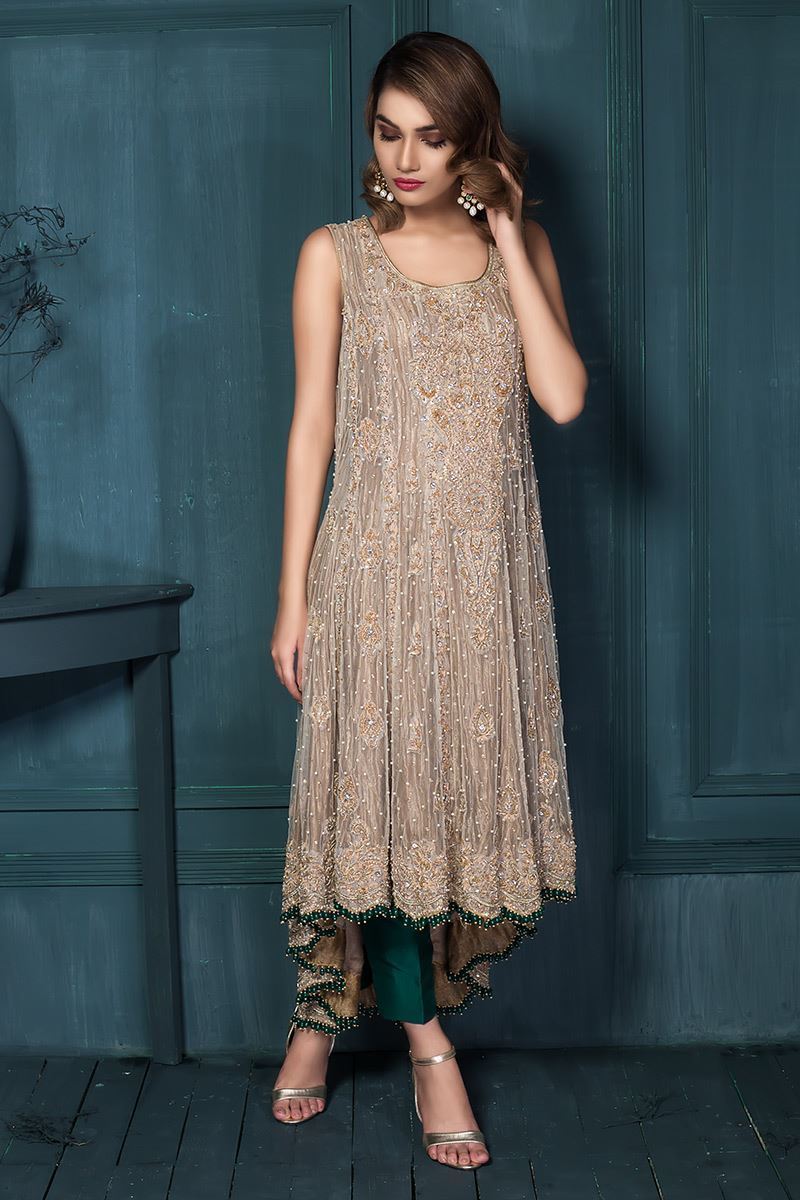 Pakistani Ivory Gold Embellished Raw Silk Salwar Kameez (3-Piece) - Image 1