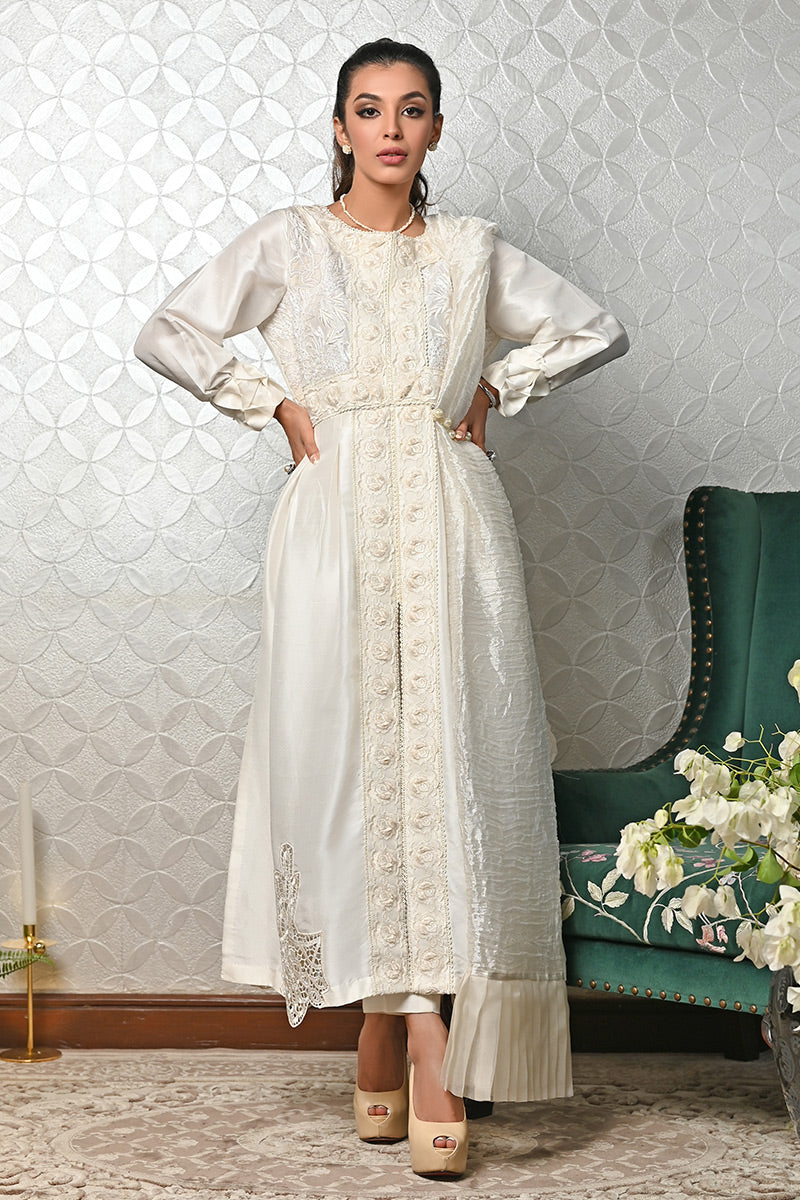 Pakistani Ivory Embroidered Pure Raw Silk Salwar Kameez (3-Piece) - Image 1