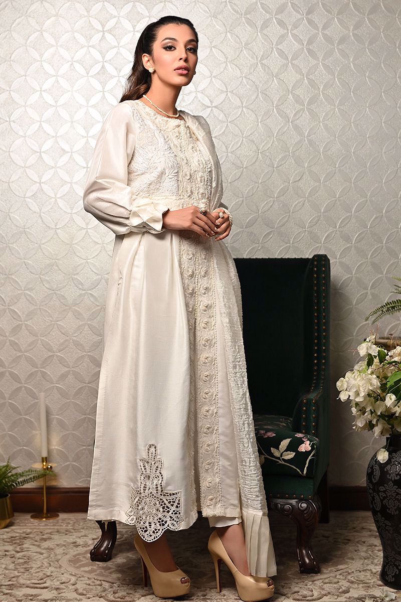 Pakistani Ivory Embroidered Pure Raw Silk Salwar Kameez (3-Piece) - Image 10