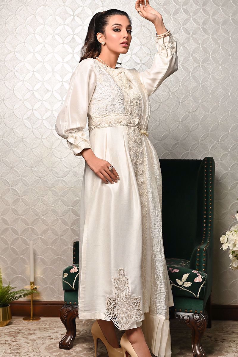 Pakistani Ivory Embroidered Pure Raw Silk Salwar Kameez (3-Piece) - Image 11