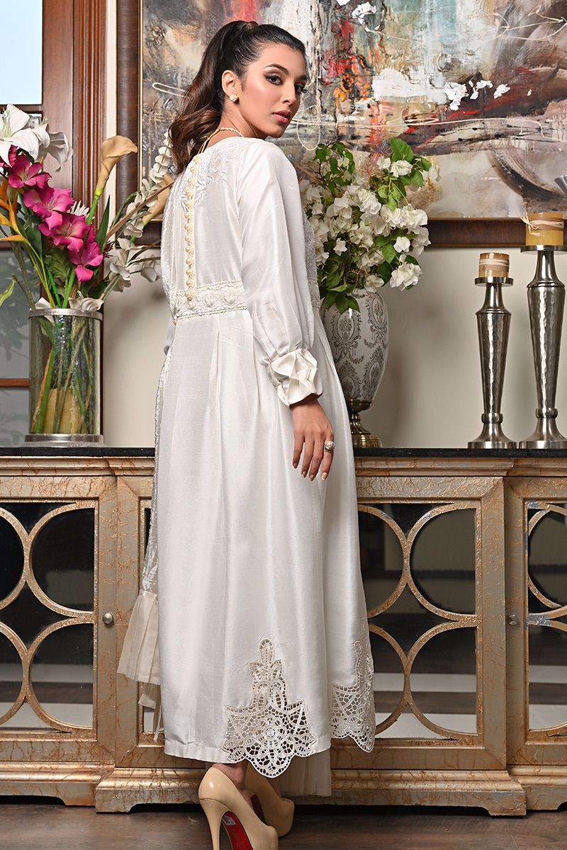 Pakistani Ivory Embroidered Pure Raw Silk Salwar Kameez (3-Piece) - Image 12