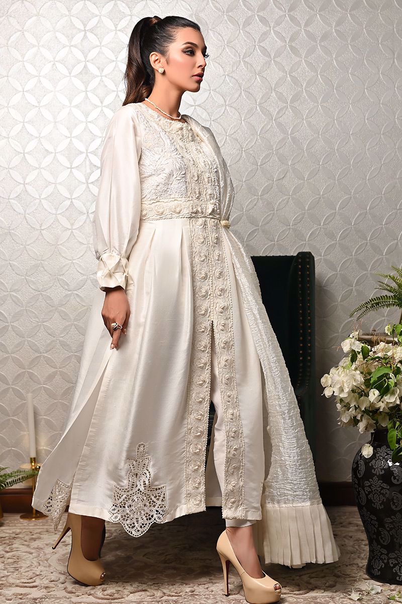 Pakistani Ivory Embroidered Pure Raw Silk Salwar Kameez (3-Piece) - Image 13