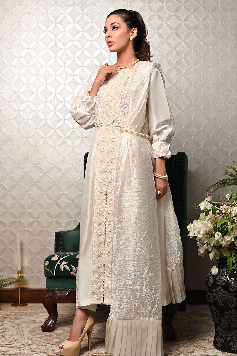 Pakistani Ivory Embroidered Pure Raw Silk Salwar Kameez (3-Piece) - Image 2