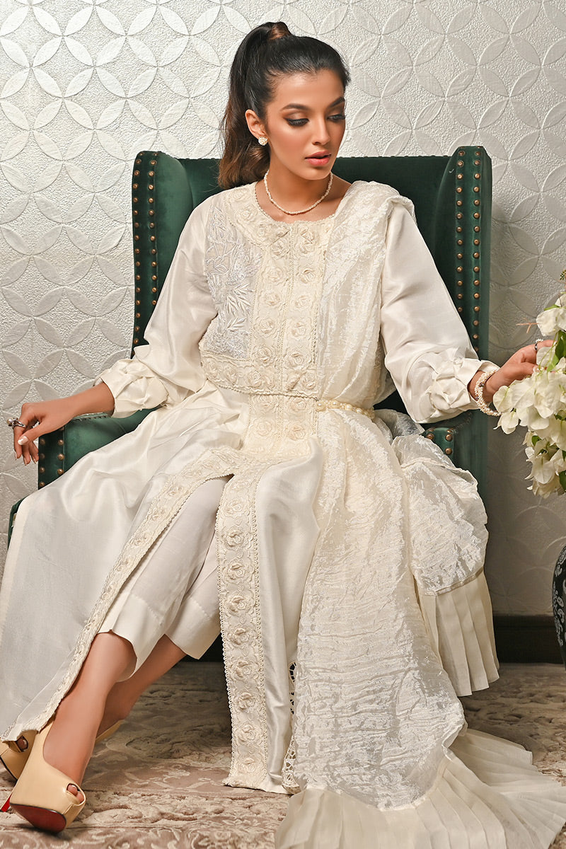 Pakistani Ivory Embroidered Pure Raw Silk Salwar Kameez (3-Piece) - Image 3
