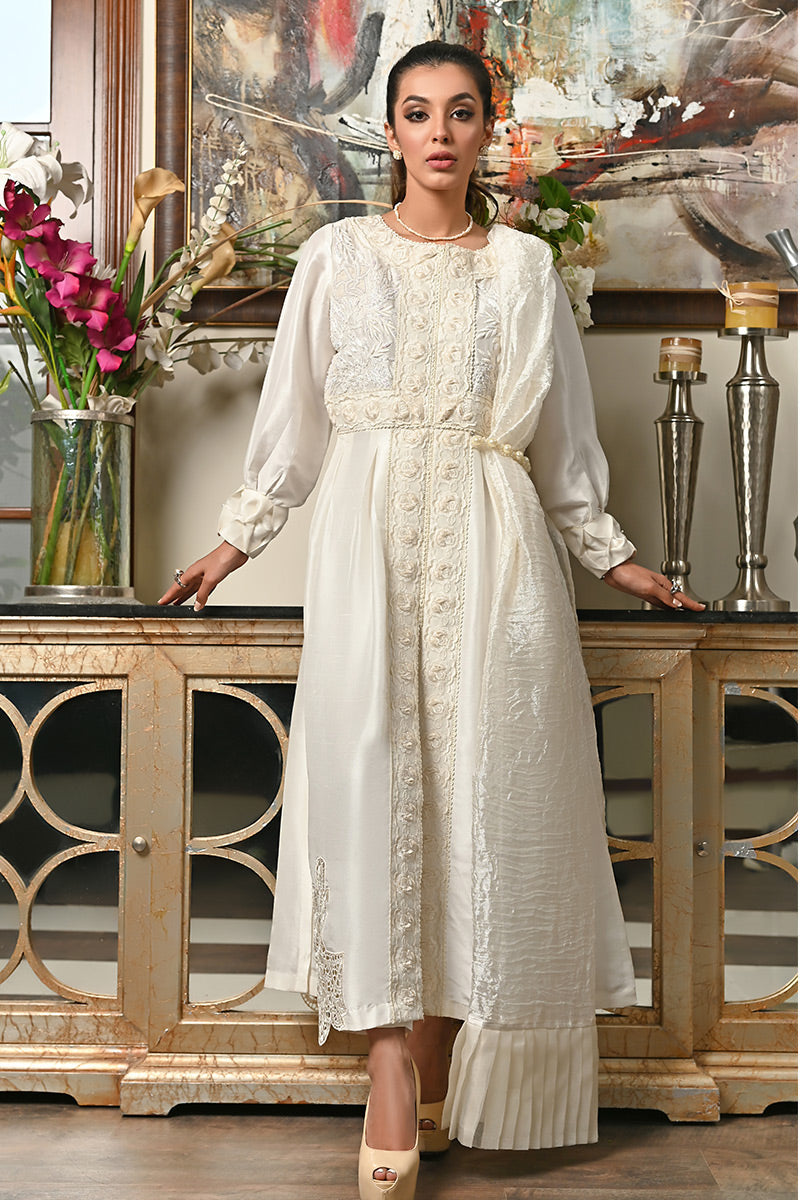 Pakistani Ivory Embroidered Pure Raw Silk Salwar Kameez (3-Piece) - Image 7