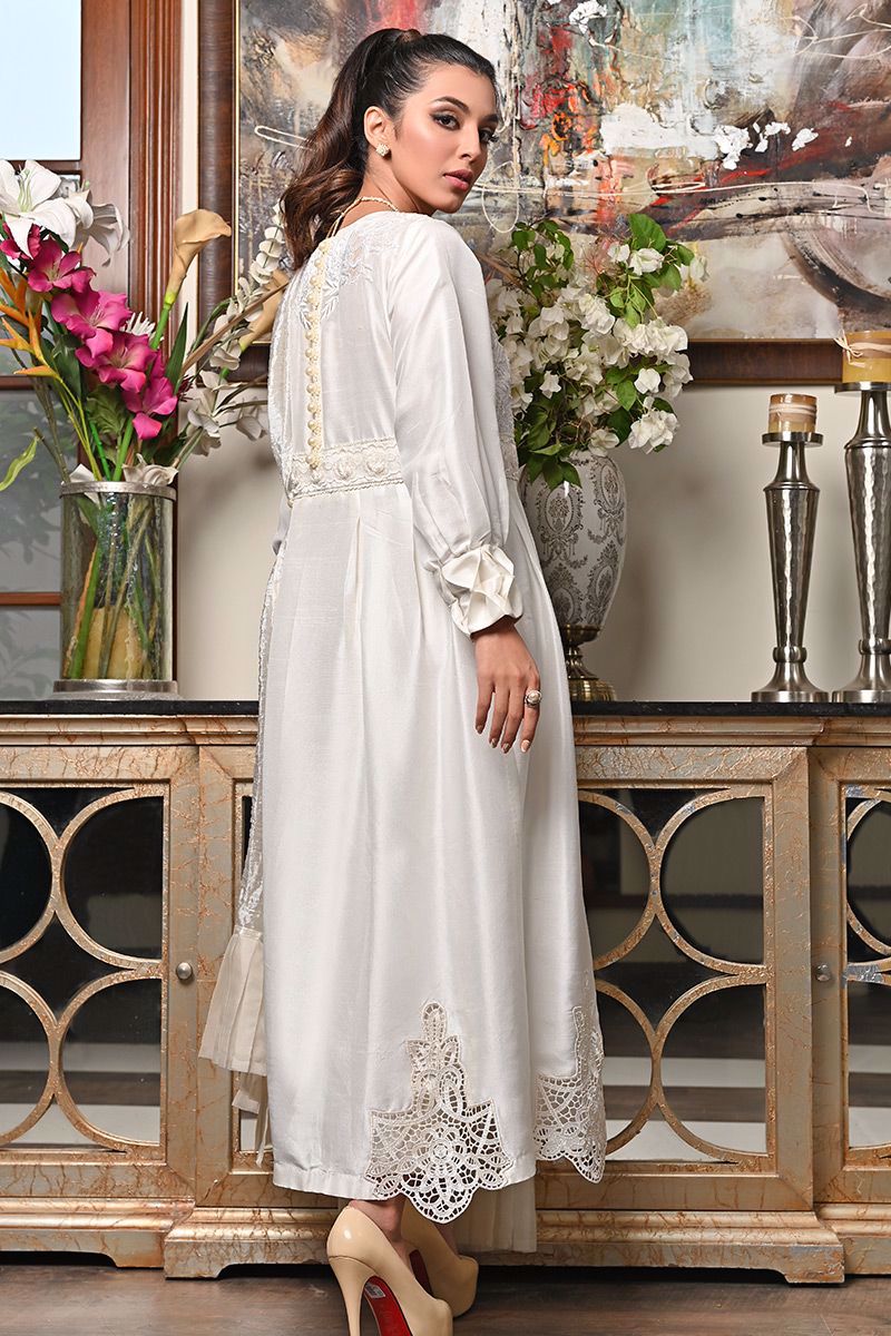 Pakistani Ivory Embroidered Pure Raw Silk Salwar Kameez (3-Piece) - Image 9