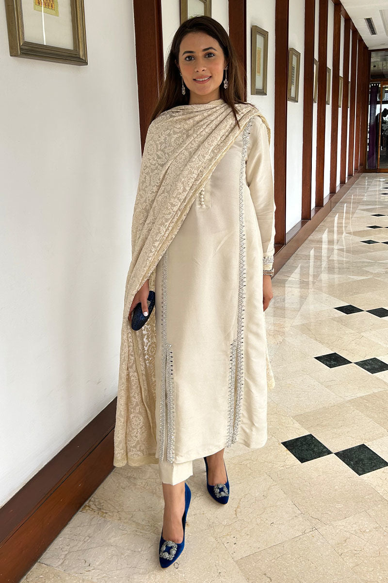 Pakistani Ivory Hand Embellished Pure Raw Silk Salwar Kameez (3-Piece) - Image 1