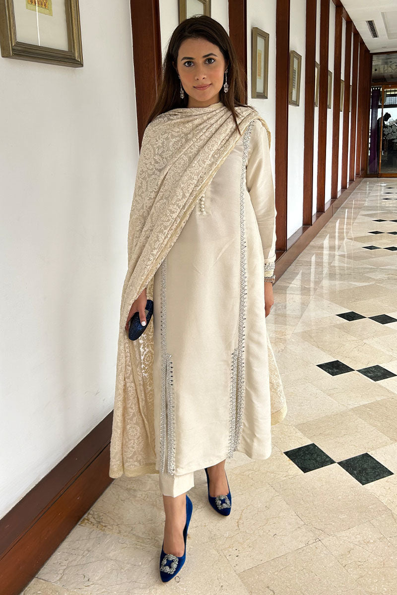 Pakistani Ivory Hand Embellished Pure Raw Silk Salwar Kameez (3-Piece) - Image 2