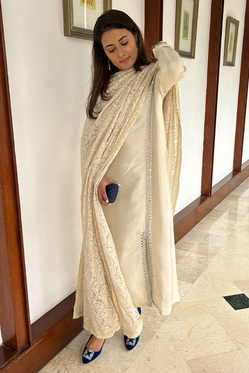Pakistani Ivory Hand Embellished Pure Raw Silk Salwar Kameez (3-Piece) - Image 3