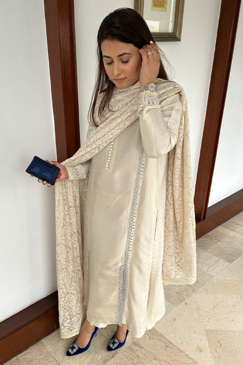 Pakistani Ivory Hand Embellished Pure Raw Silk Salwar Kameez (3-Piece) - Image 4
