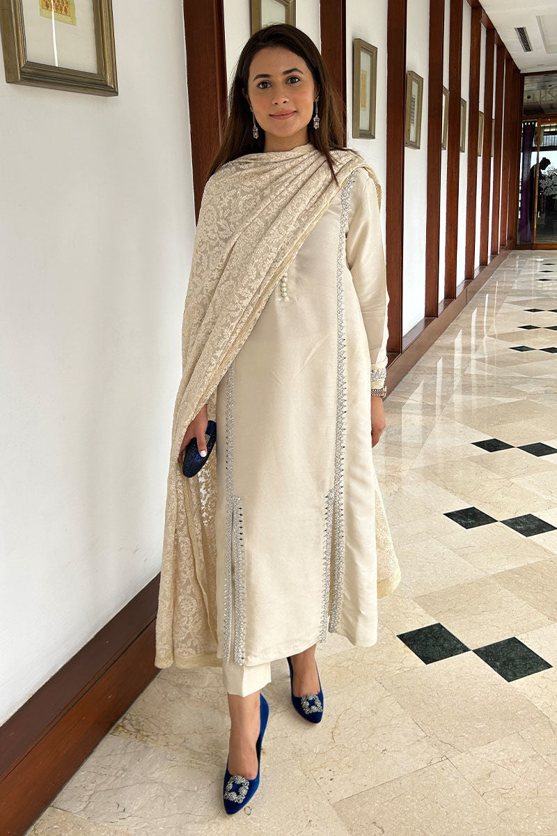 Pakistani Ivory Hand Embellished Pure Raw Silk Salwar Kameez (3-Piece) - Image 6
