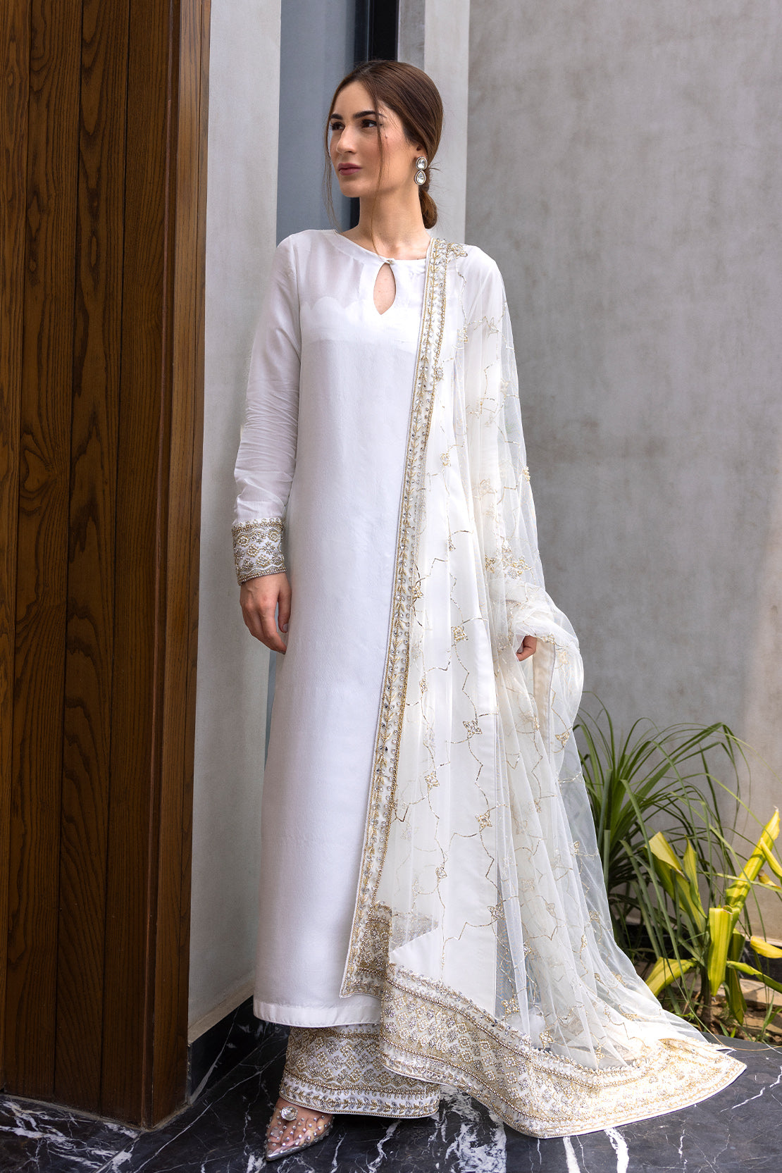 Pakistani Ivory Hand-Embellished Raw Silk Salwar Kameez (3-Piece) - Image 1