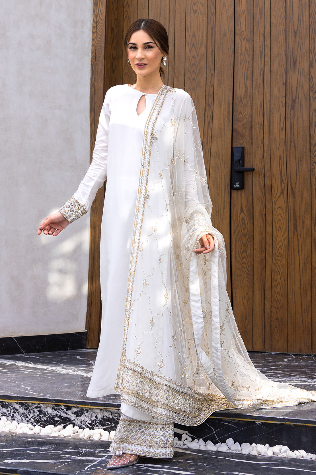 Pakistani Ivory Hand-Embellished Raw Silk Salwar Kameez (3-Piece) - Image 2