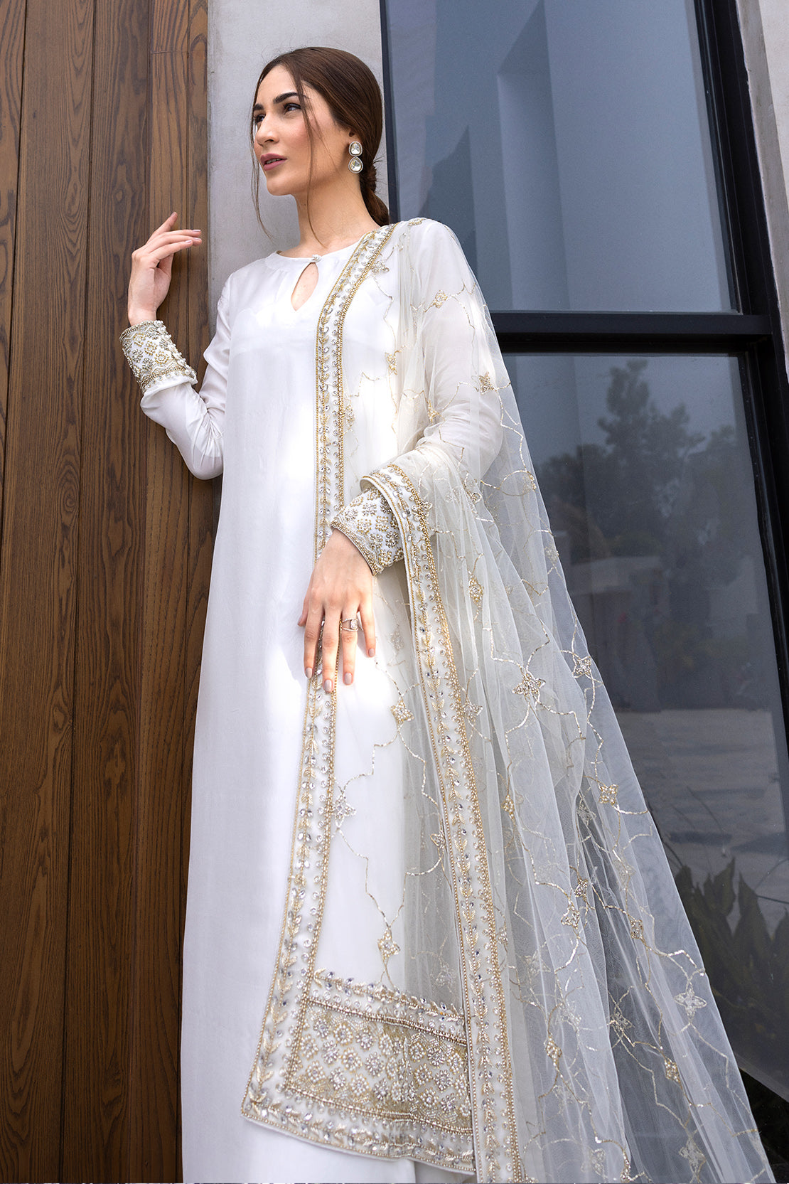 Pakistani Ivory Hand-Embellished Raw Silk Salwar Kameez (3-Piece) - Image 4