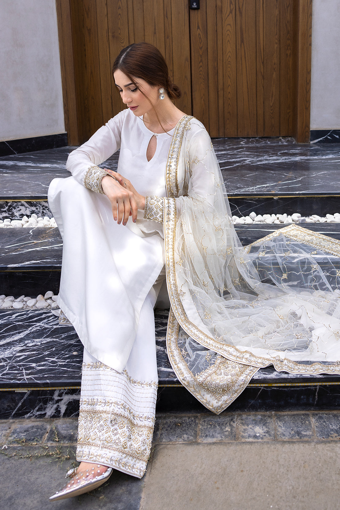 Pakistani Ivory Hand-Embellished Raw Silk Salwar Kameez (3-Piece) - Image 5