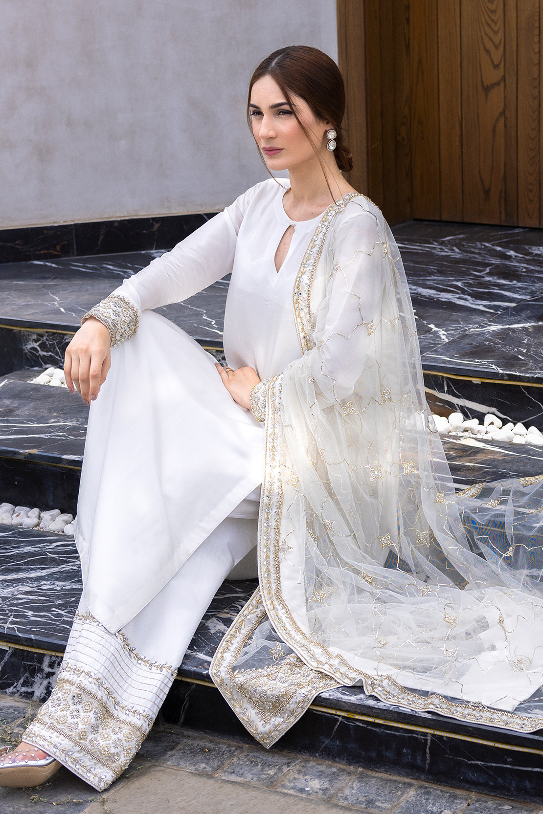 Pakistani Ivory Hand-Embellished Raw Silk Salwar Kameez (3-Piece) - Image 7