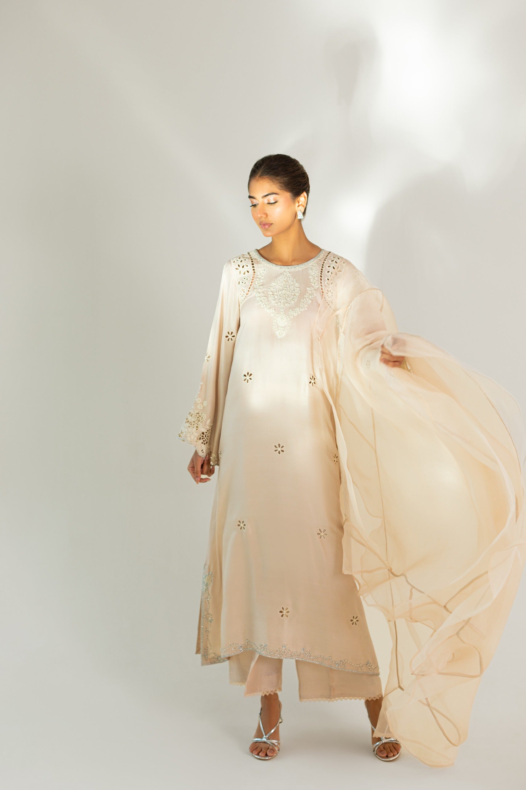 Ivory Hand-Embellished Raw Silk Salwar Kameez (3-Piece) - Image 1