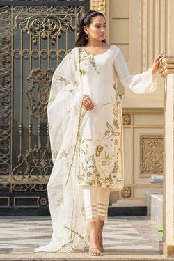 Cream Hand-Embroidered Raw Silk Salwar Kameez (3-Piece) - Image 1