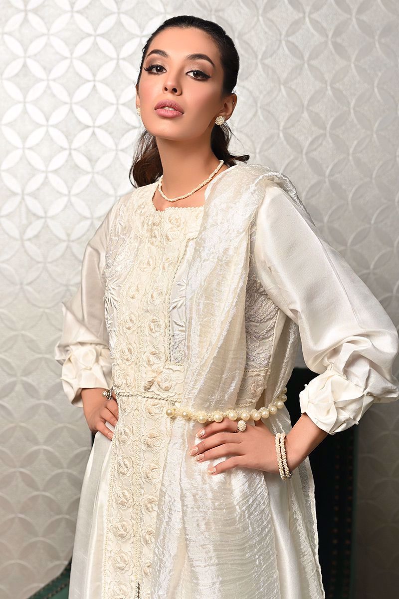 Pakistani Ivory Embroidered Pure Raw Silk Salwar Kameez (2-Piece) - Image 5