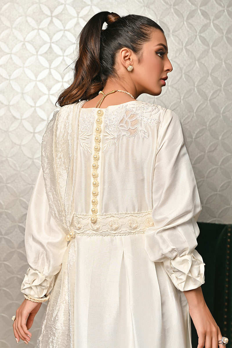 Pakistani Ivory Embroidered Pure Raw Silk Salwar Kameez (2-Piece) - Image 6