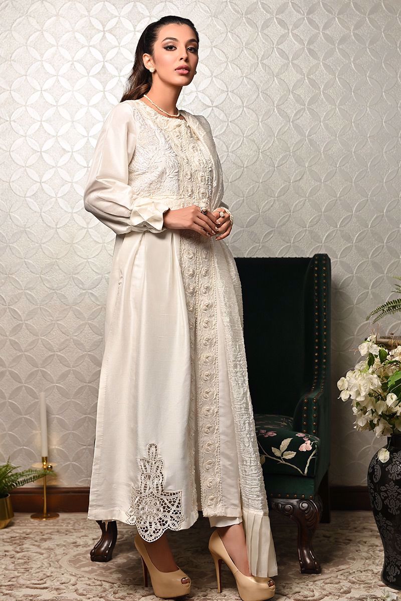 Pakistani Ivory Embroidered Pure Raw Silk Salwar Kameez (2-Piece) - Image 8
