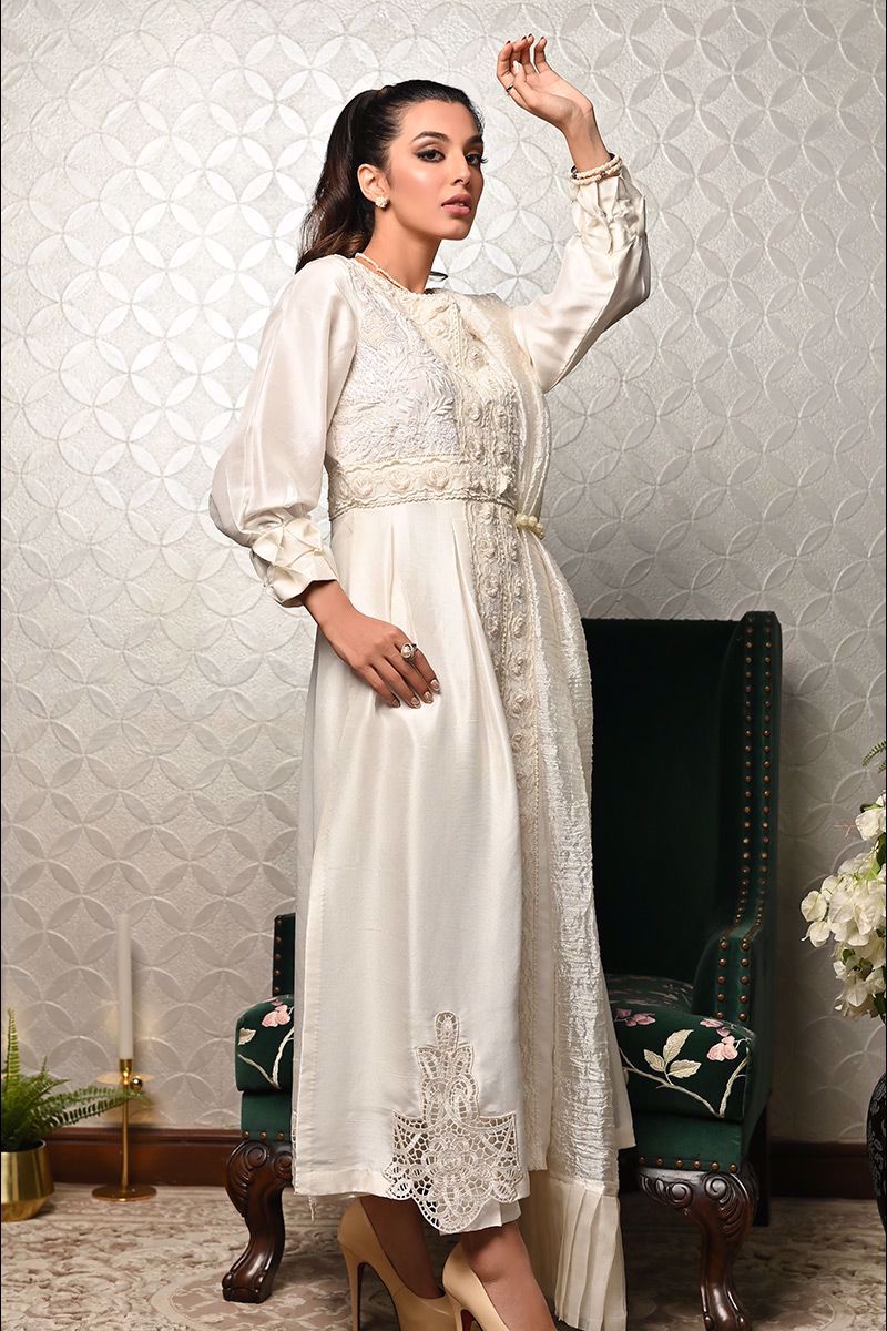 Pakistani Ivory Embroidered Pure Raw Silk Salwar Kameez (2-Piece) - Image 9