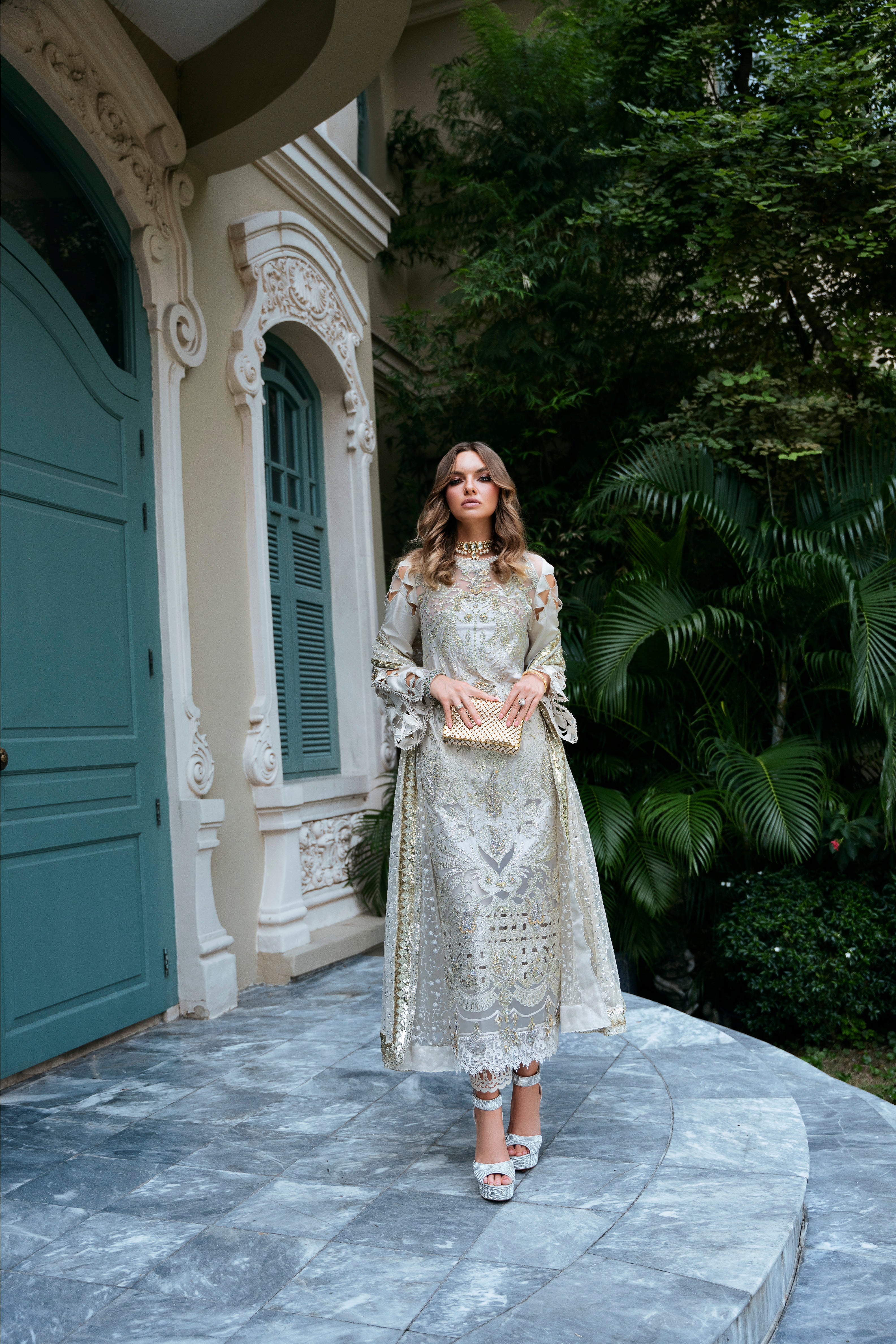 Pakistani Ivory Gold Hand Embellished Korean Raw Silk Suit (3-Piece) - Image 1