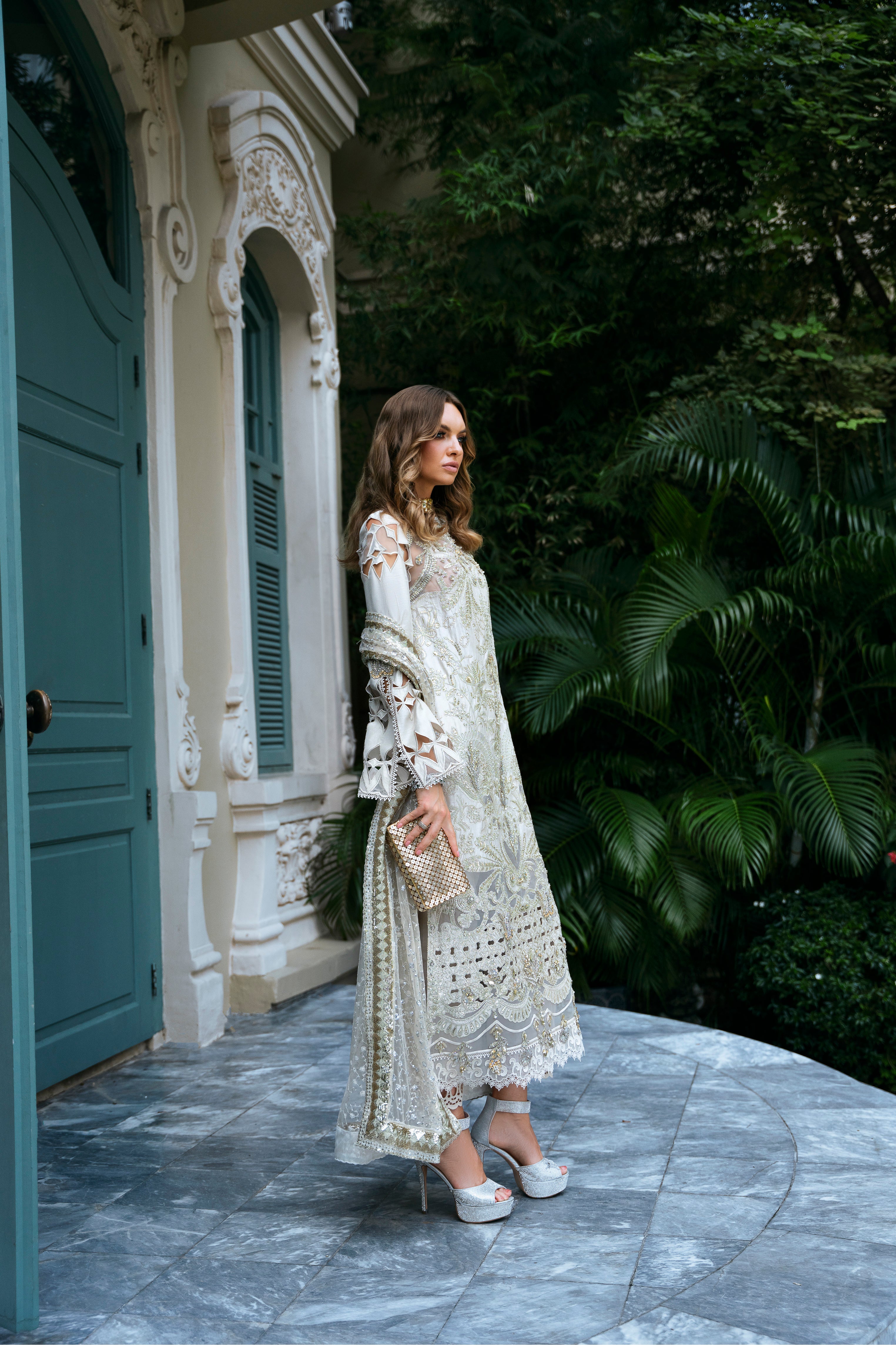 Pakistani Ivory Gold Hand Embellished Korean Raw Silk Suit (3-Piece) - Image 2