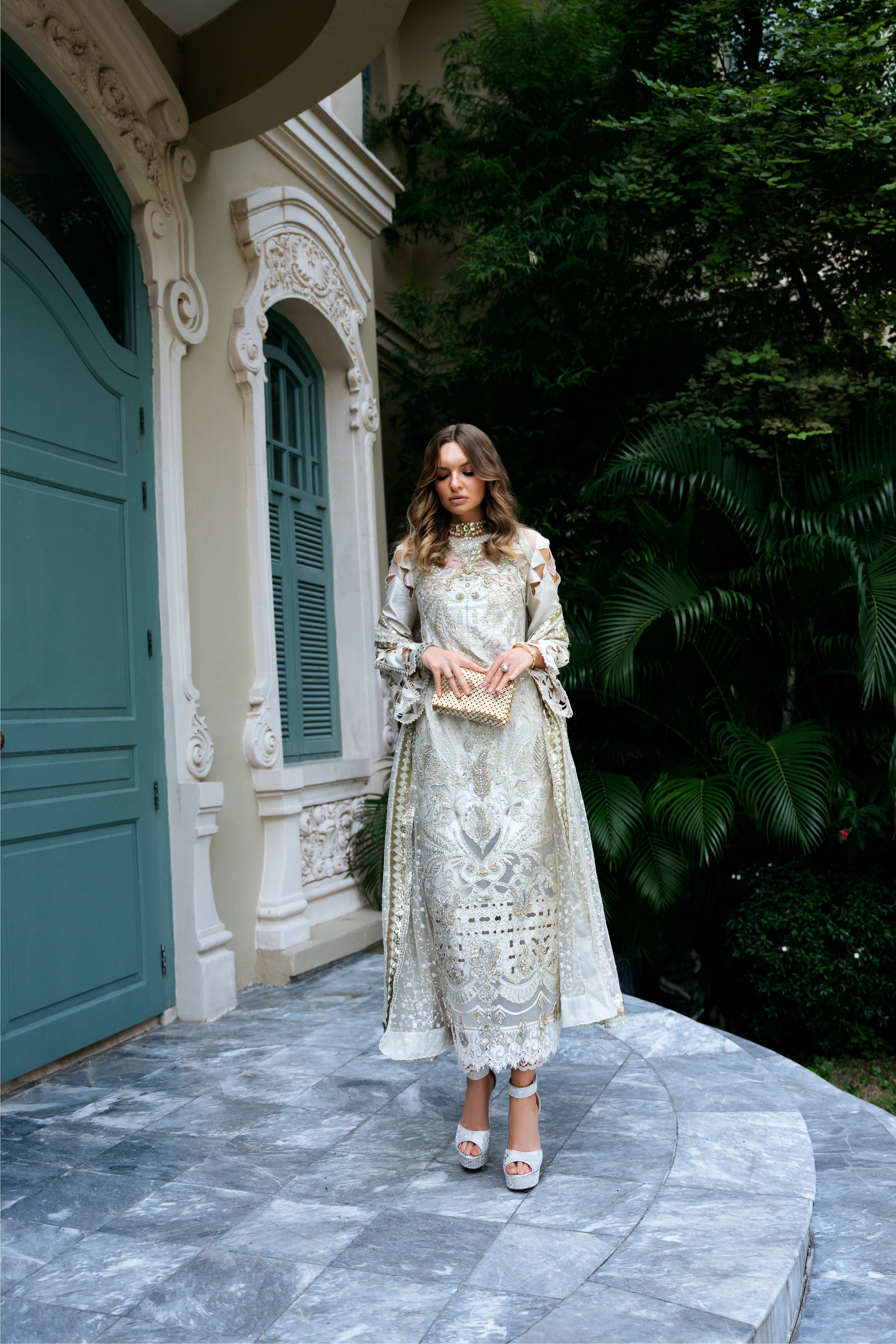 Pakistani Ivory Gold Hand Embellished Korean Raw Silk Suit (3-Piece) - Image 3