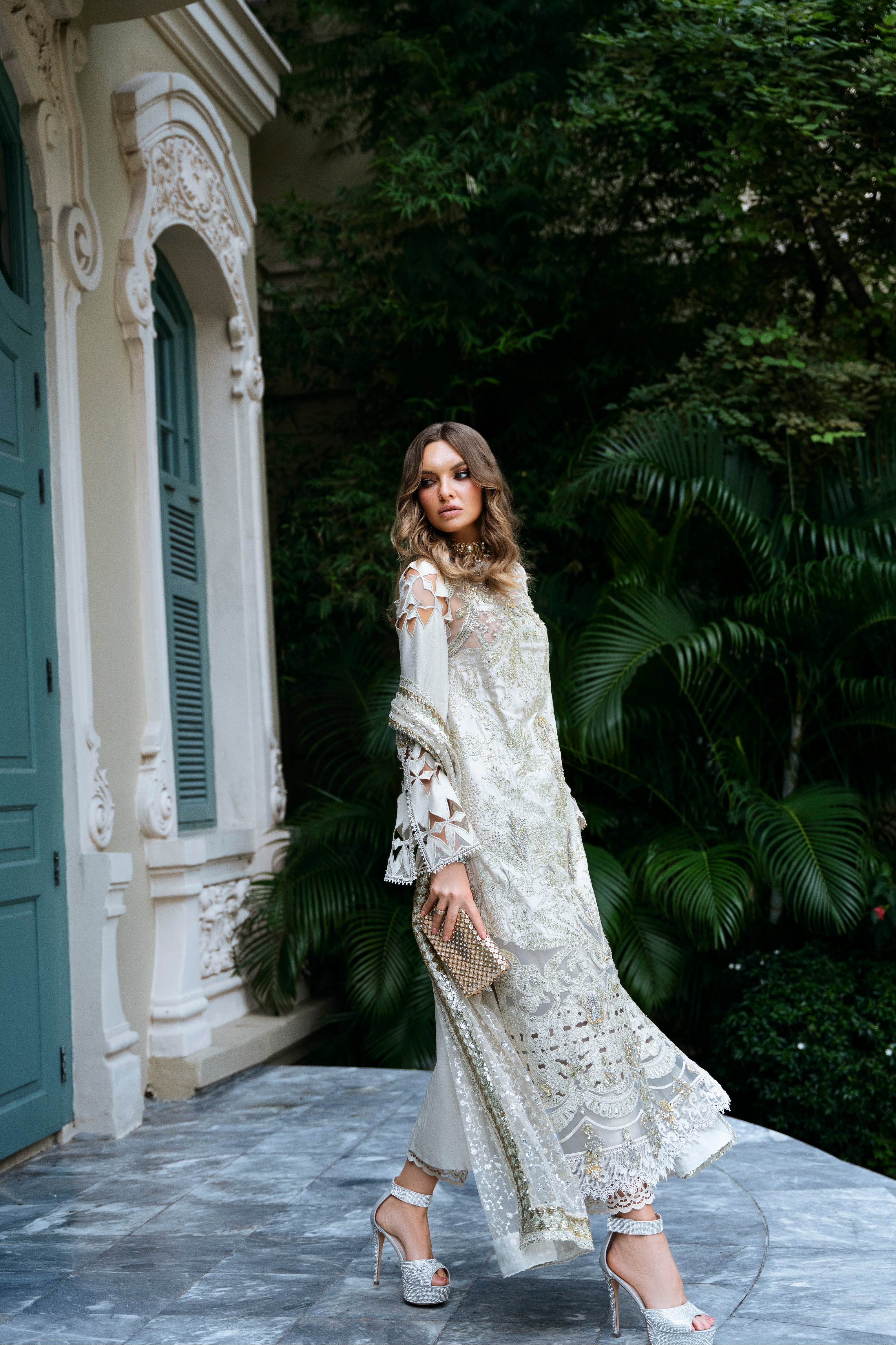 Pakistani Ivory Gold Hand Embellished Korean Raw Silk Suit (3-Piece) - Image 5