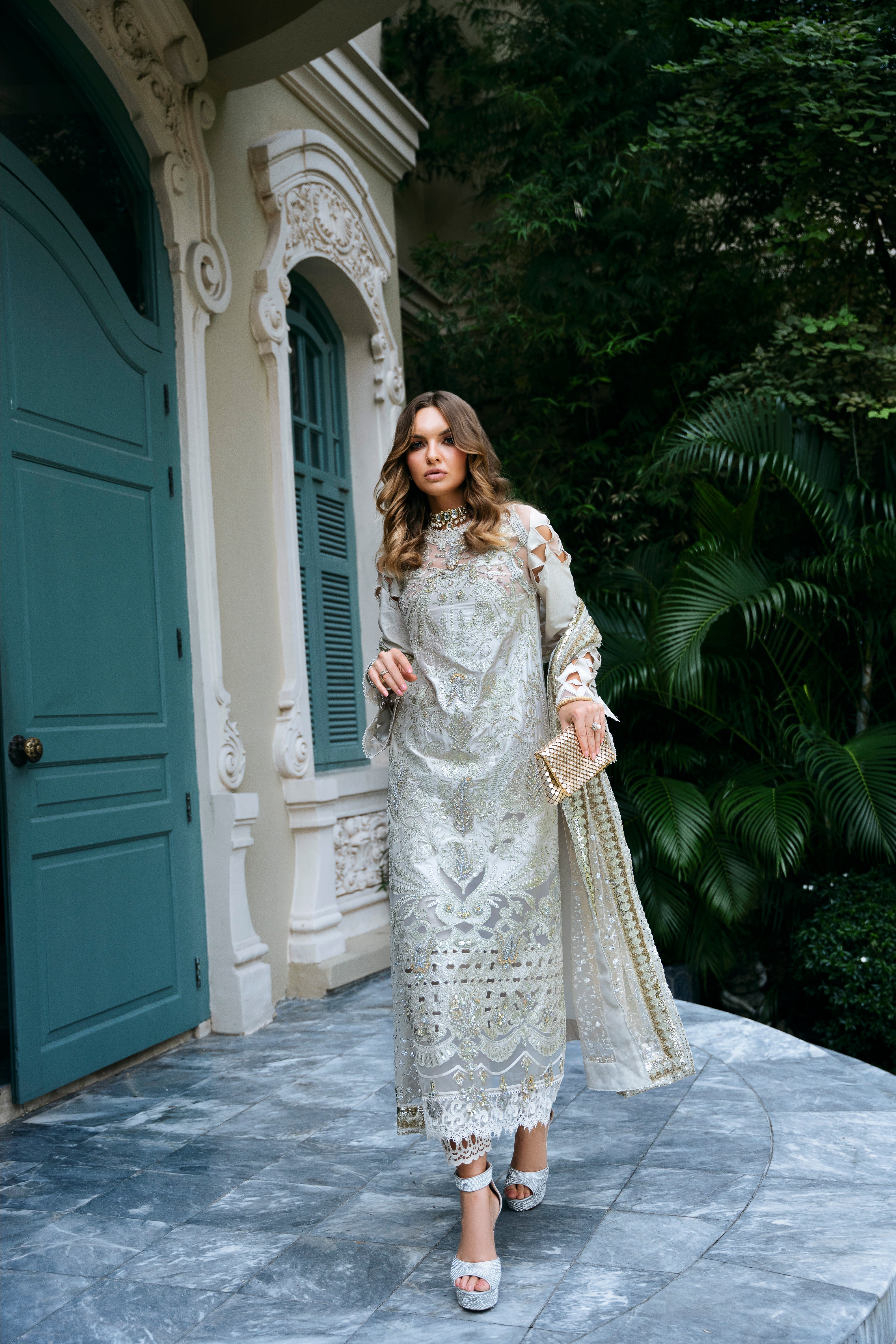 Pakistani Ivory Gold Hand Embellished Korean Raw Silk Suit (3-Piece) - Image 6