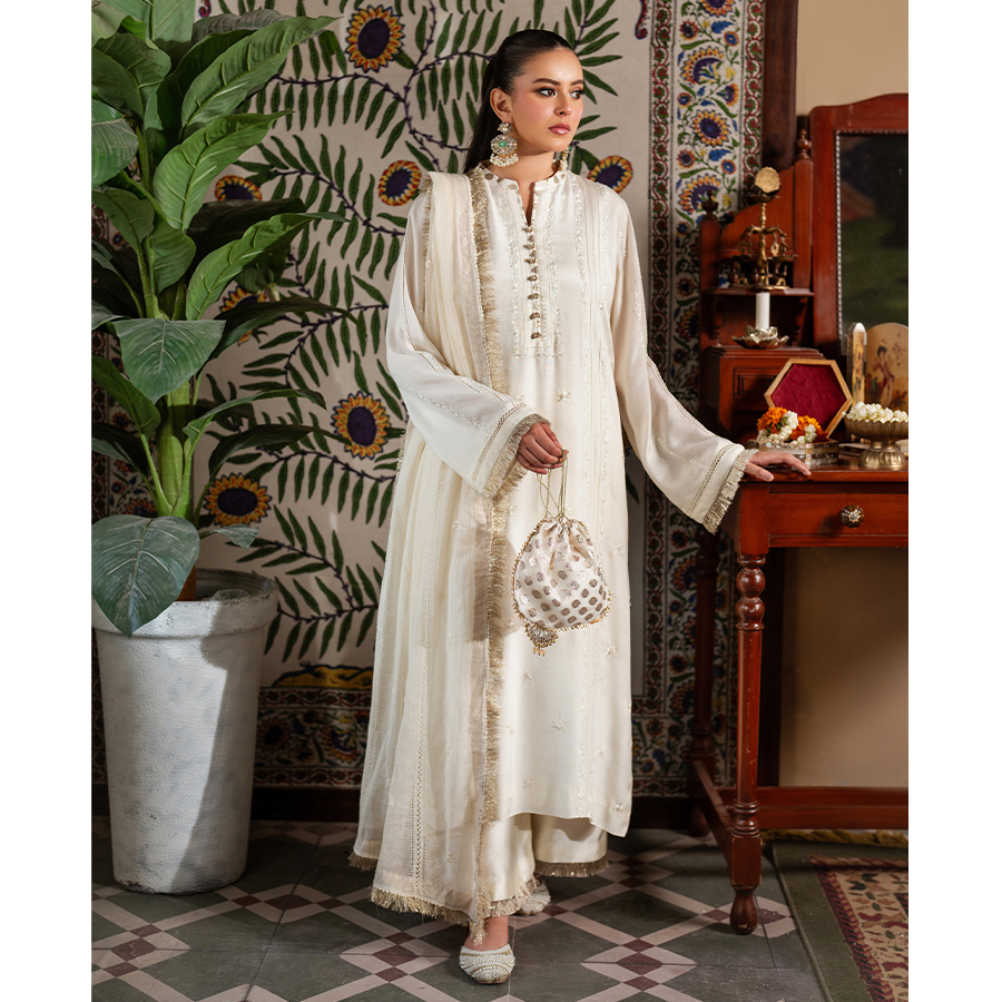 Pakistani Ivory Hand Embroidered Raw Silk Kurta Set (3-Piece) - Image 1