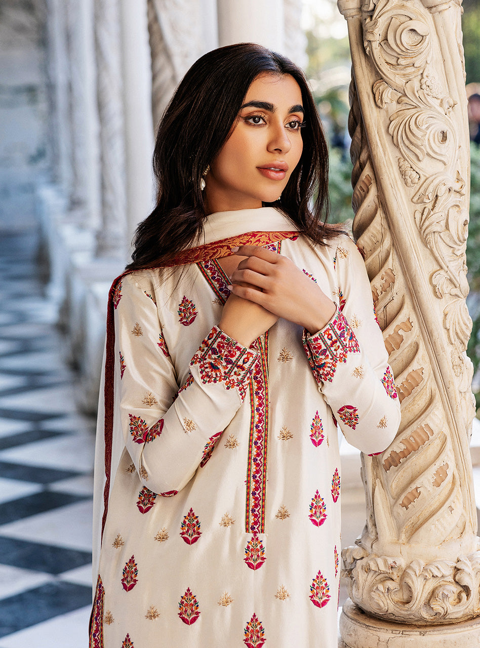Ivory Kashmiri Embroidered Raw Silk Long Shirt (3-Piece) - Image 4