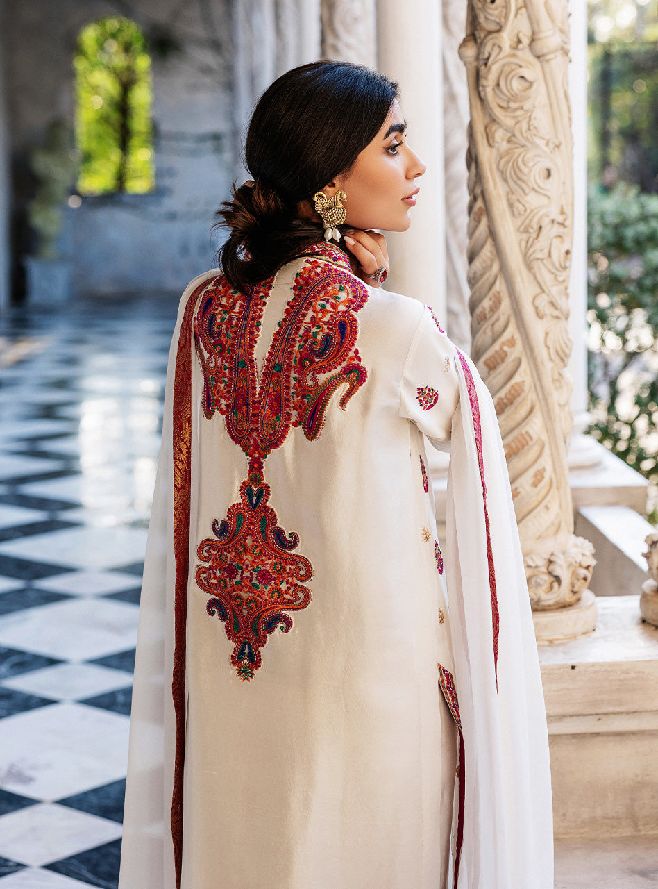 Pakistani Ivory Kashmiri Embroidered Raw Silk Long Shirt (3-Piece) - Image 3