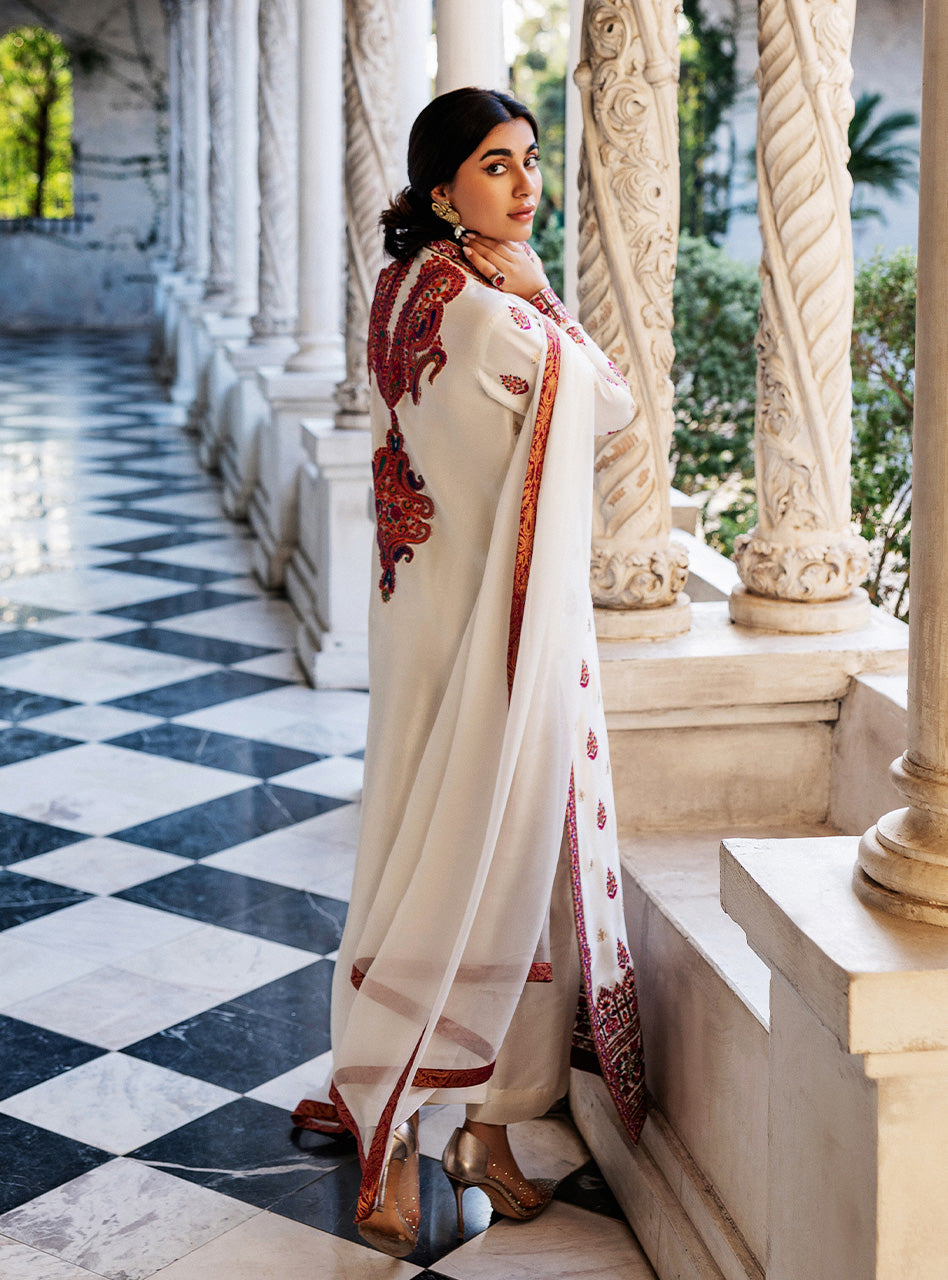 Pakistani Ivory Kashmiri Embroidered Raw Silk Long Shirt (3-Piece) - Image 6