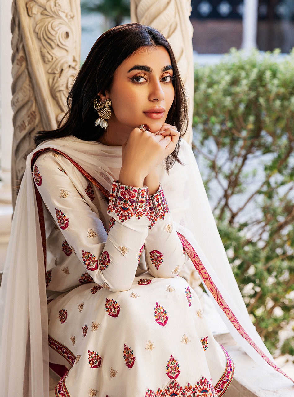 Pakistani Ivory Kashmiri Embroidered Raw Silk Long Shirt (3-Piece) - Image 7