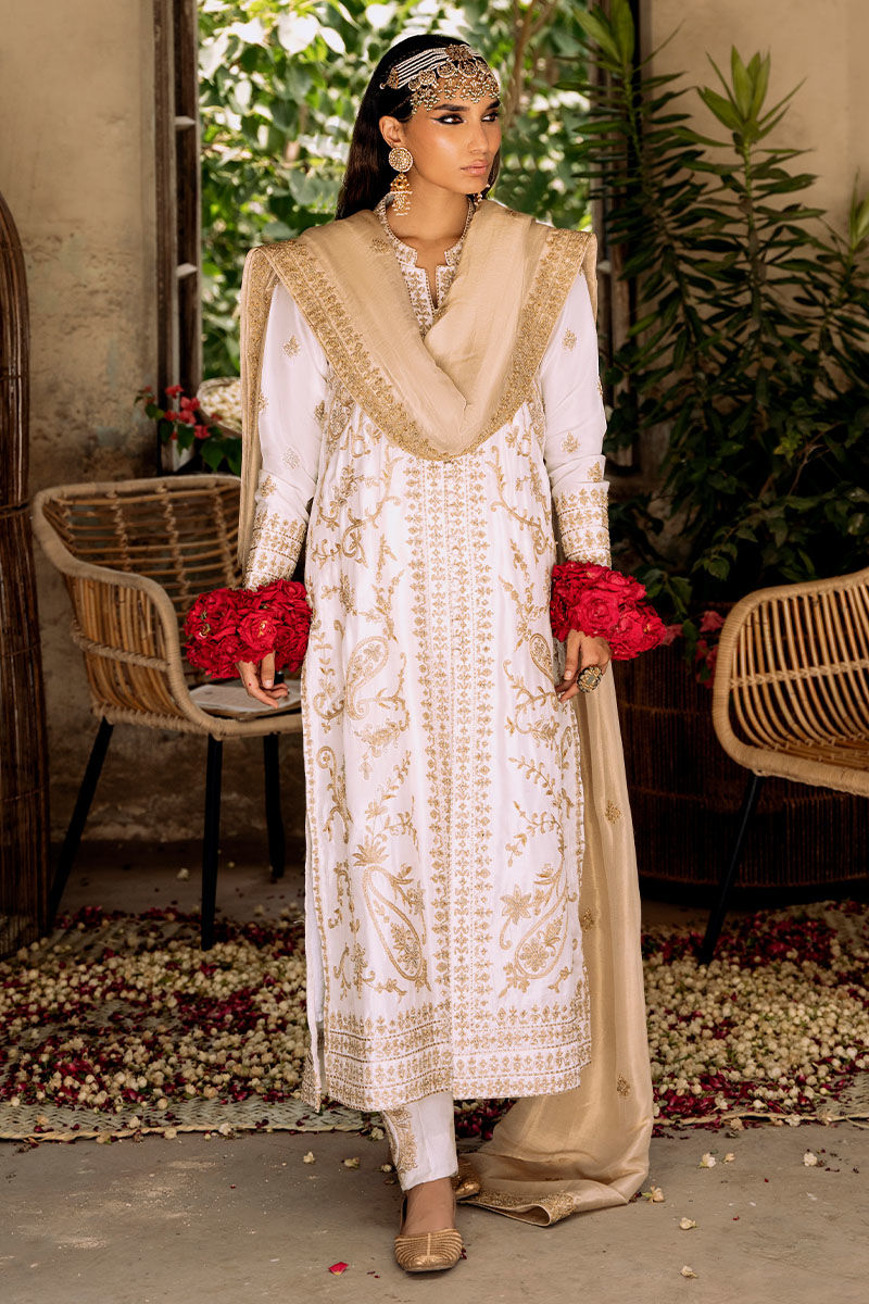 Ivory Marori Embroidered Raw Silk Salwar Kameez (3-Piece) - Image 1