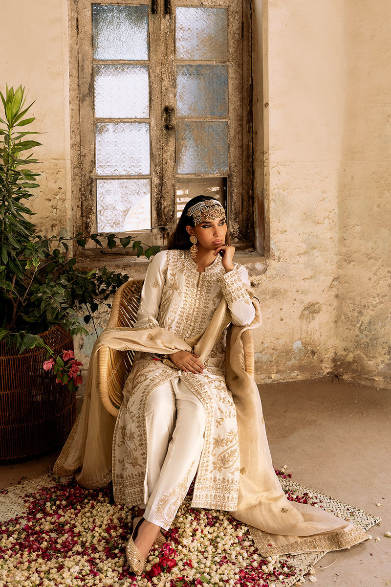 Ivory Marori Embroidered Raw Silk Salwar Kameez (3-Piece) - Image 4