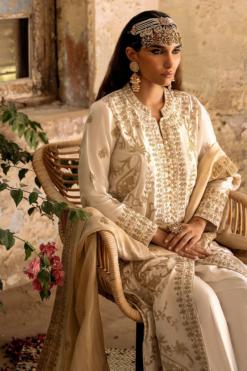 Ivory Marori Embroidered Raw Silk Salwar Kameez (3-Piece) - Image 6