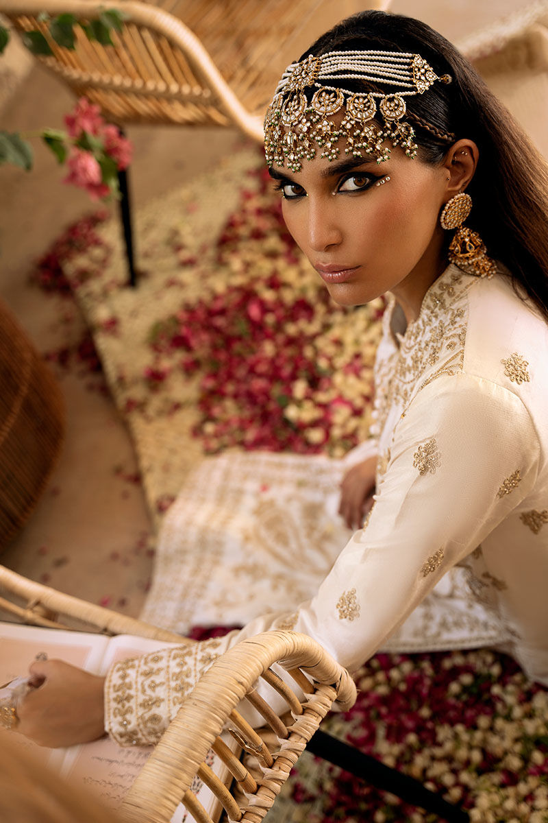 Ivory Marori Embroidered Raw Silk Salwar Kameez (3-Piece) - Image 7