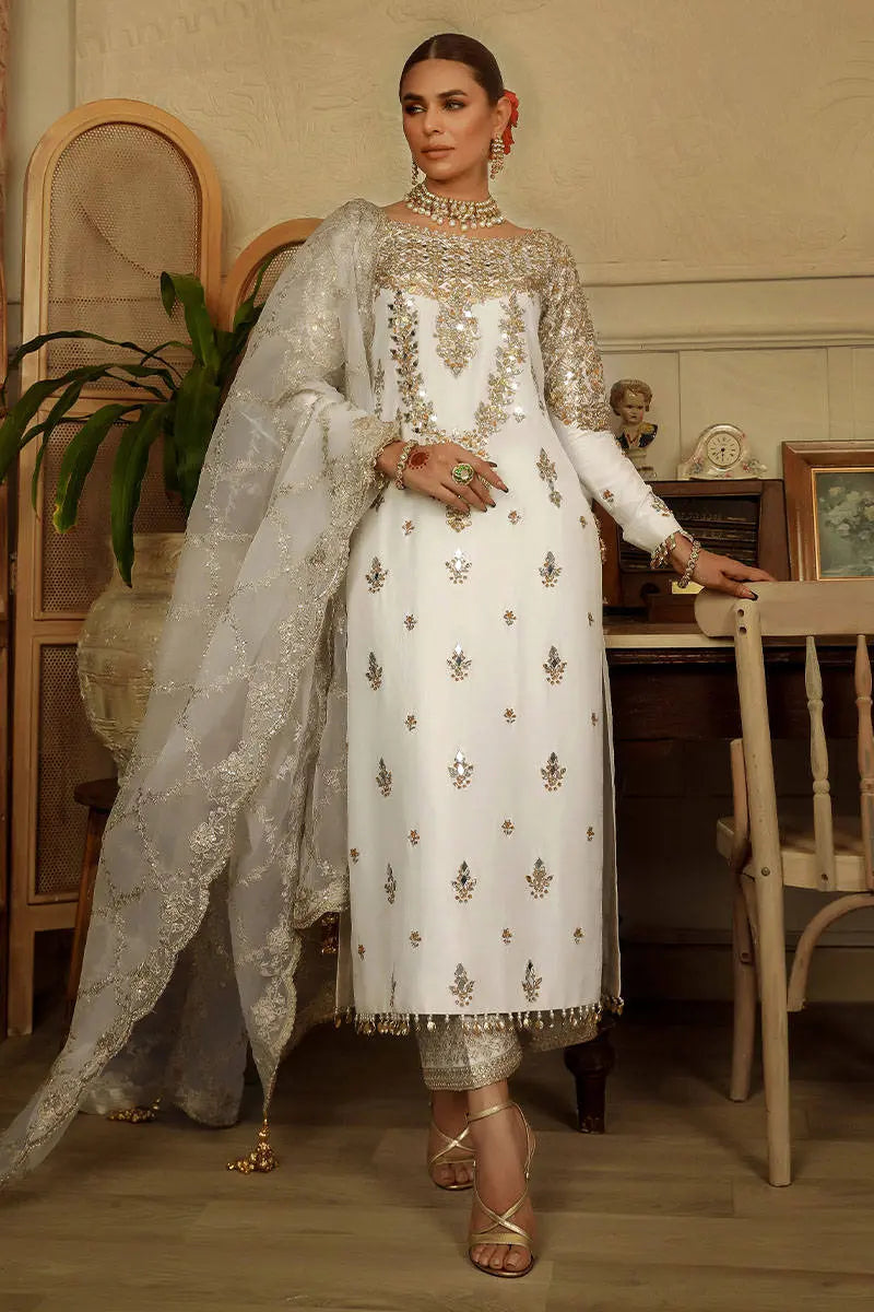 Ivory Embroidered Raw Silk Salwar Kameez (3-Piece) - Image 1